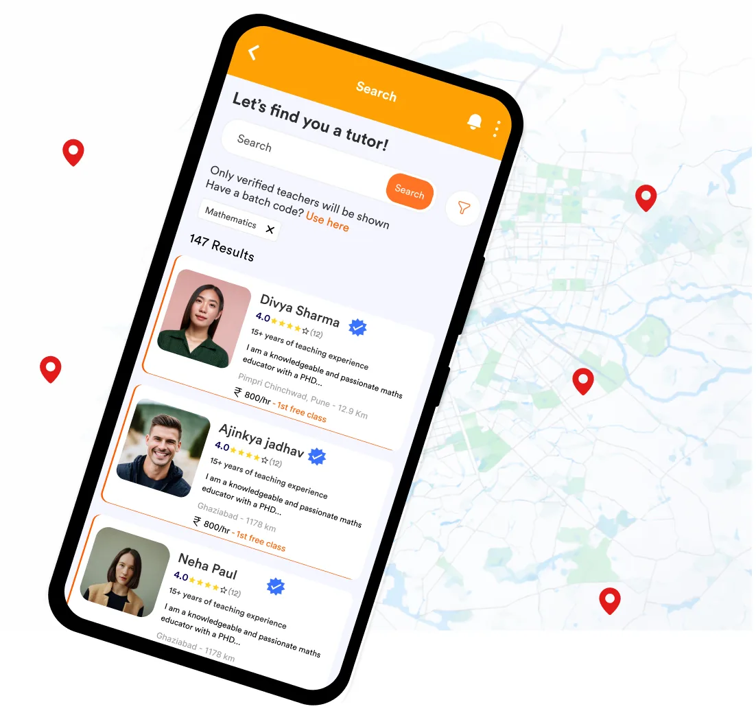 CTutor app tutor search on a phone, with tutor profiles and map pins around Pune