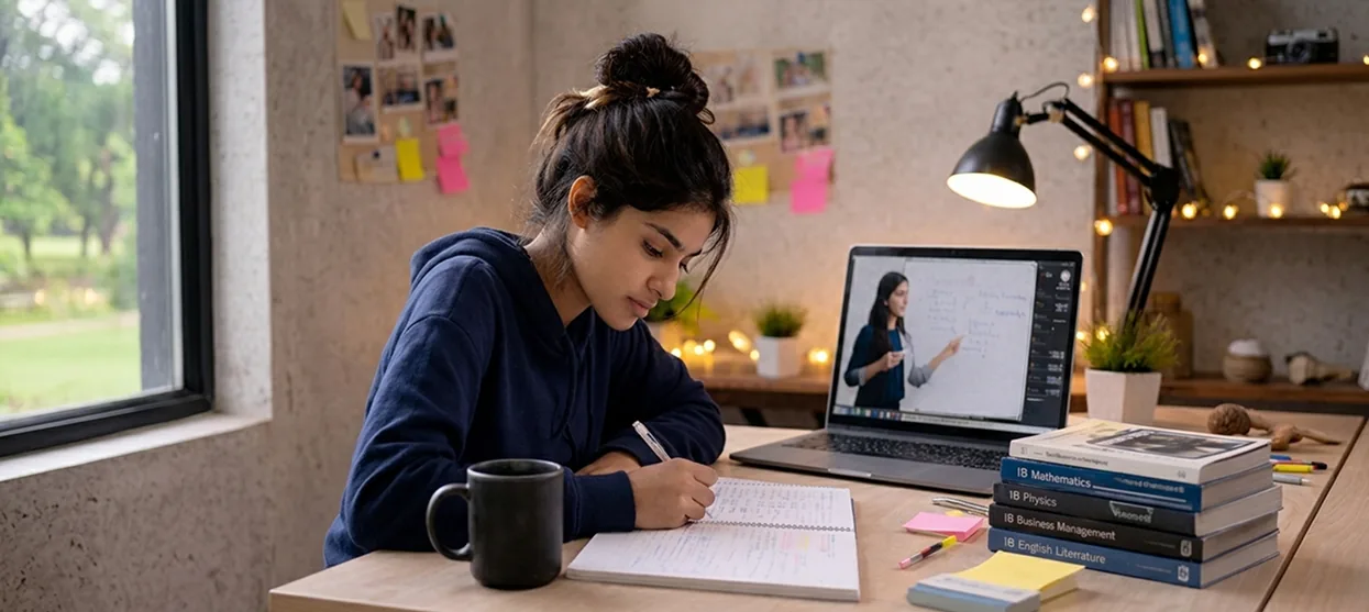 Student taking notes during an online IB lesson on her laptop