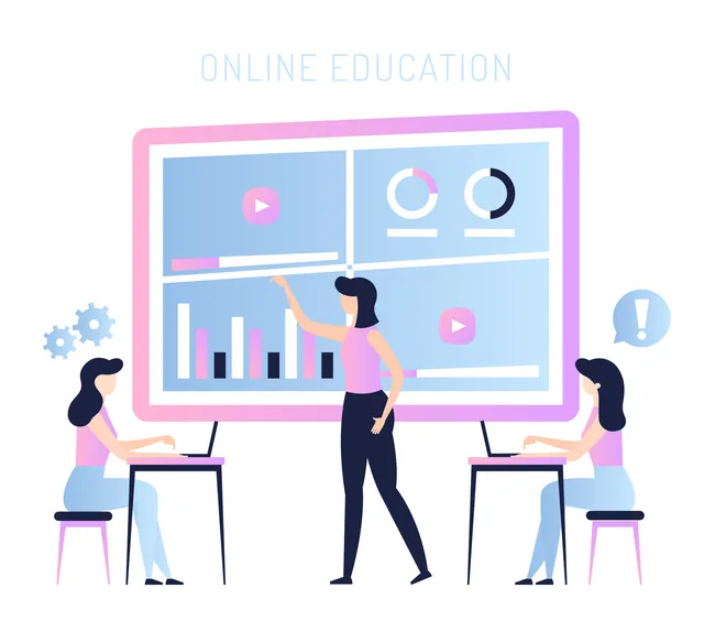 Illustration of a teacher presenting an online education dashboard to two students at their desks