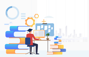 Illustration of a student studying at a desk set on a stack of books