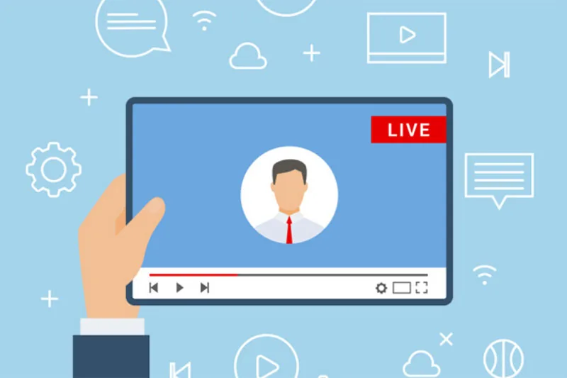 Illustration of a hand holding a tablet showing a live video class