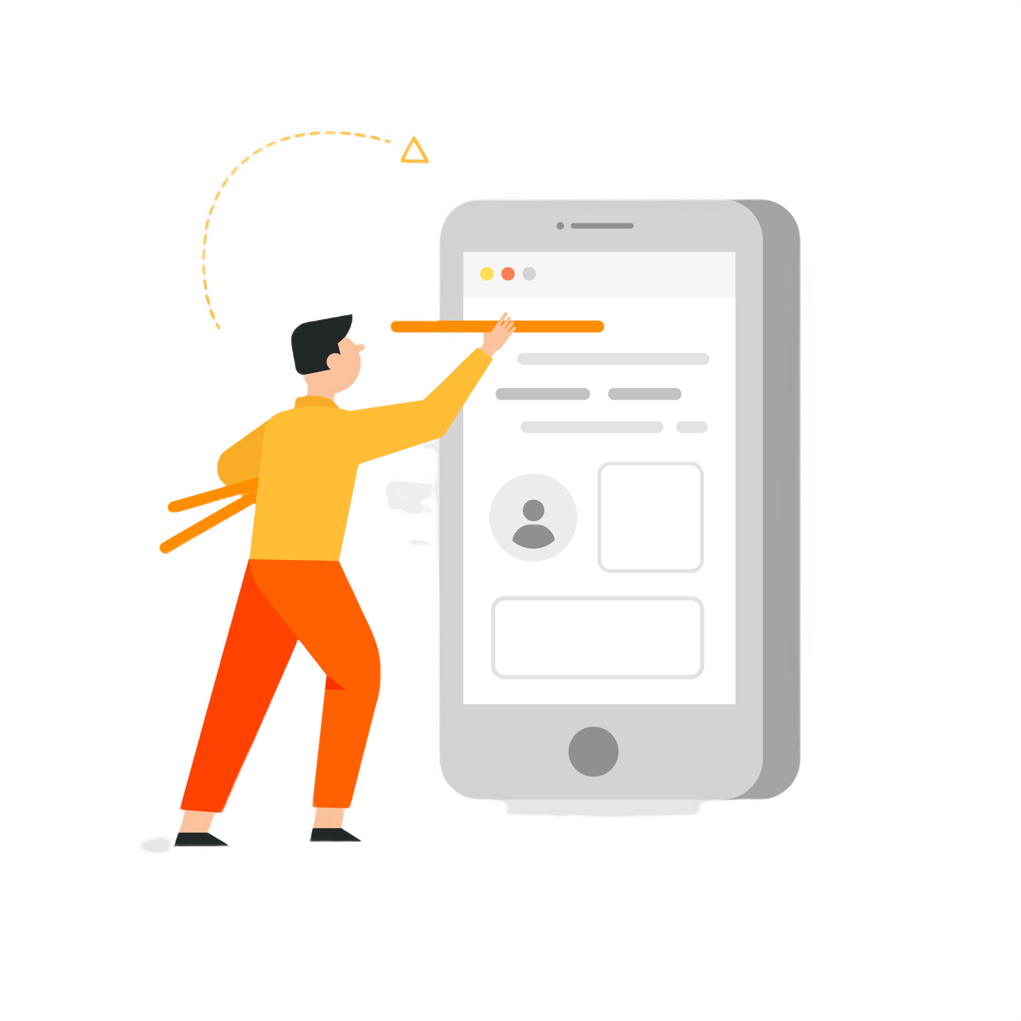 Illustration of a person pointing at a giant smartphone showing an app layout