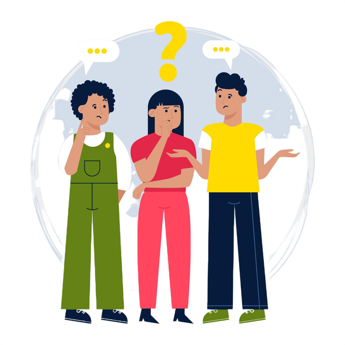 Illustration of three people thinking, one with a question mark above them