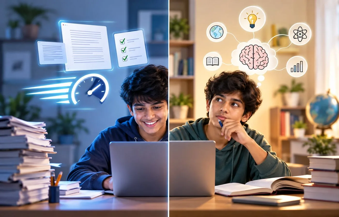 Two students at laptops, one rushing through work and one thinking deeply