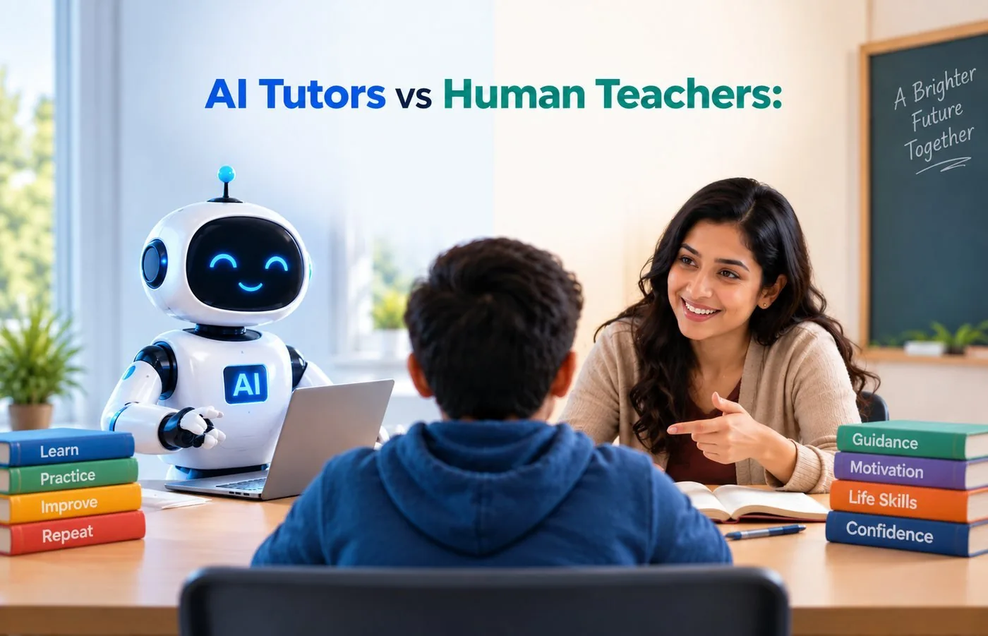 An AI robot and a smiling teacher sitting across the table from a student