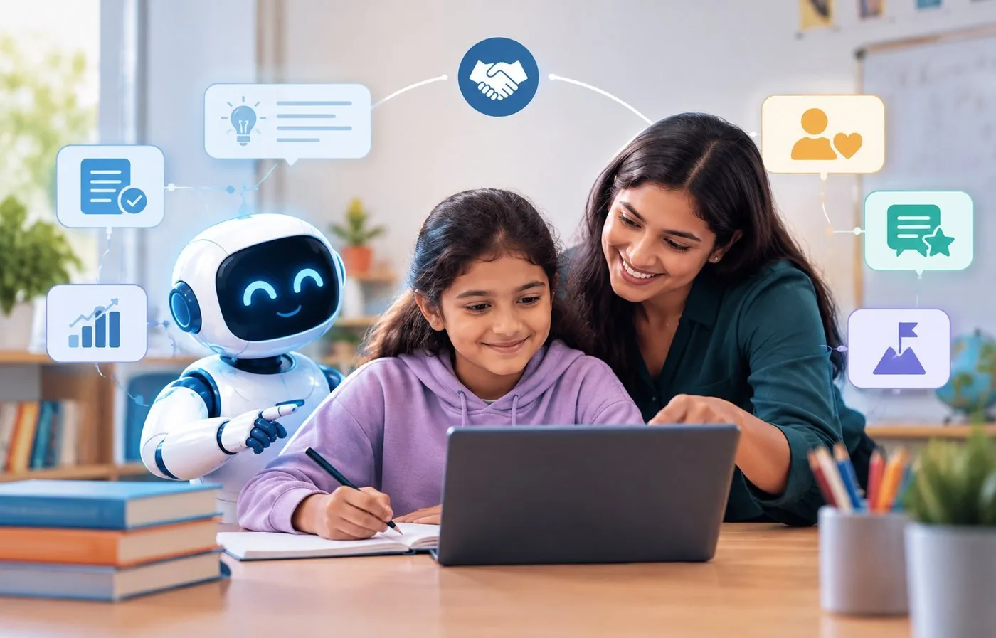 A friendly robot and a teacher helping a girl with her schoolwork