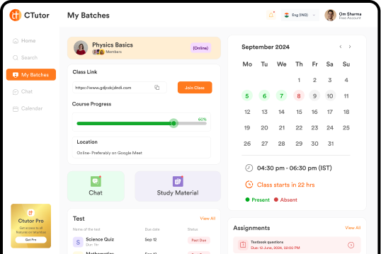 The CTutor My Batches dashboard with a class calendar, course progress and a Join Class button