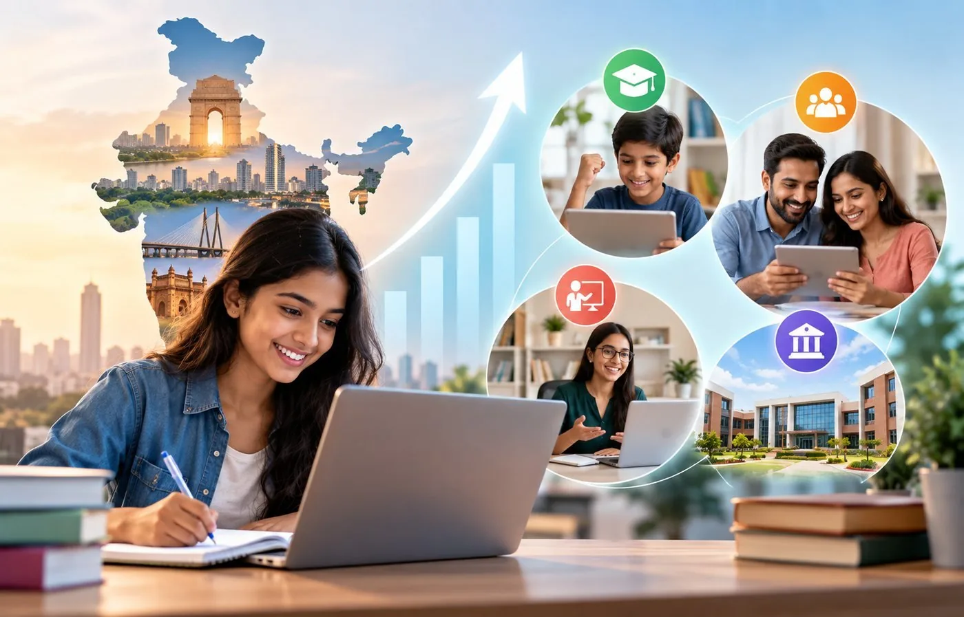 Student learning on a laptop in front of a map of India and online classes