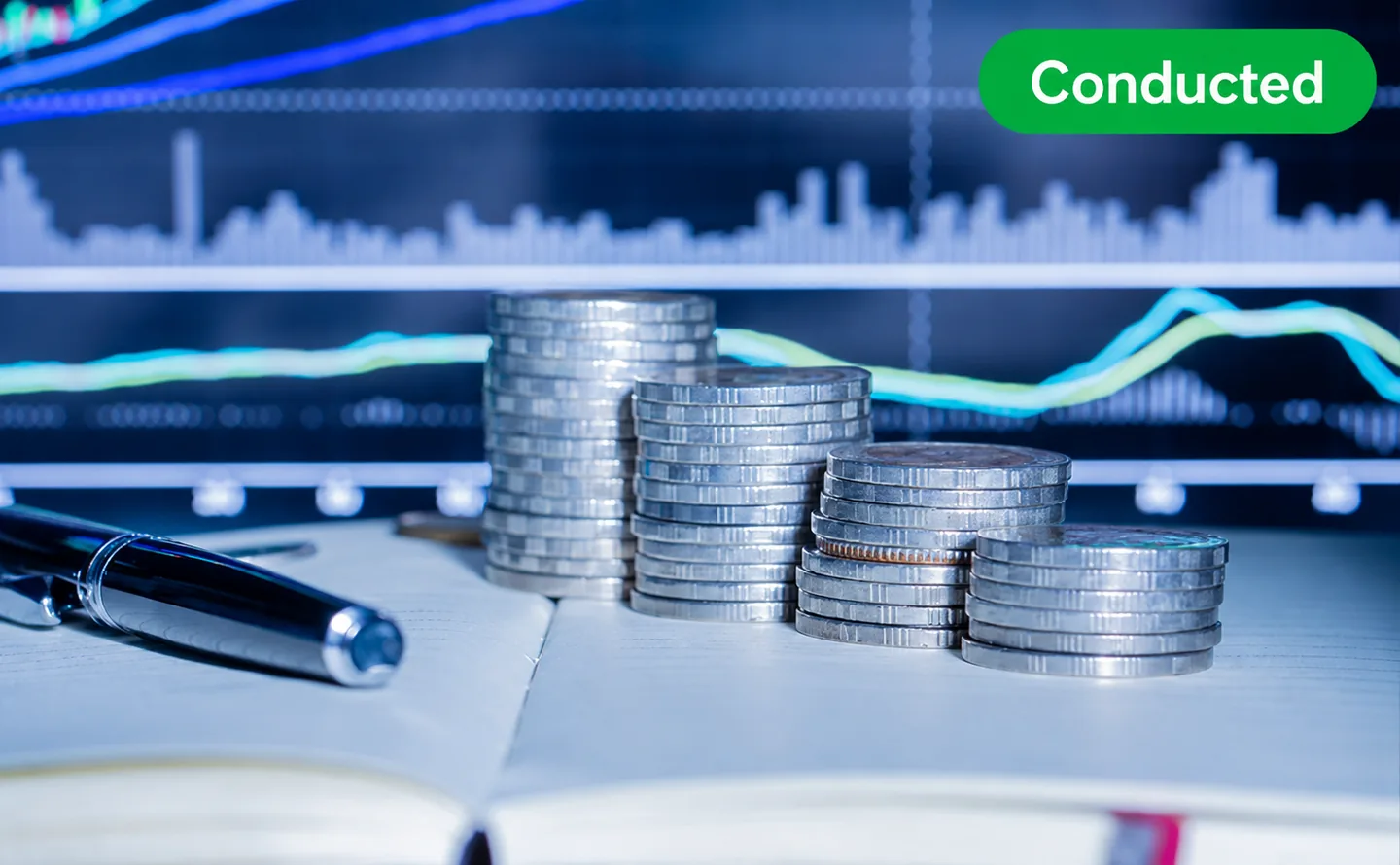 Economics IA webinar poster with stacks of coins and a growth chart